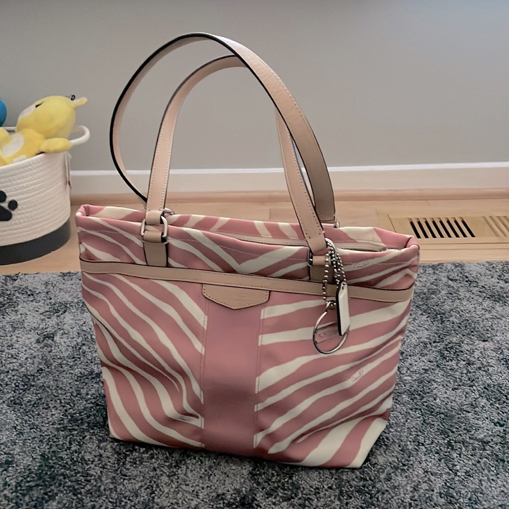 Pink and white striped coach purse